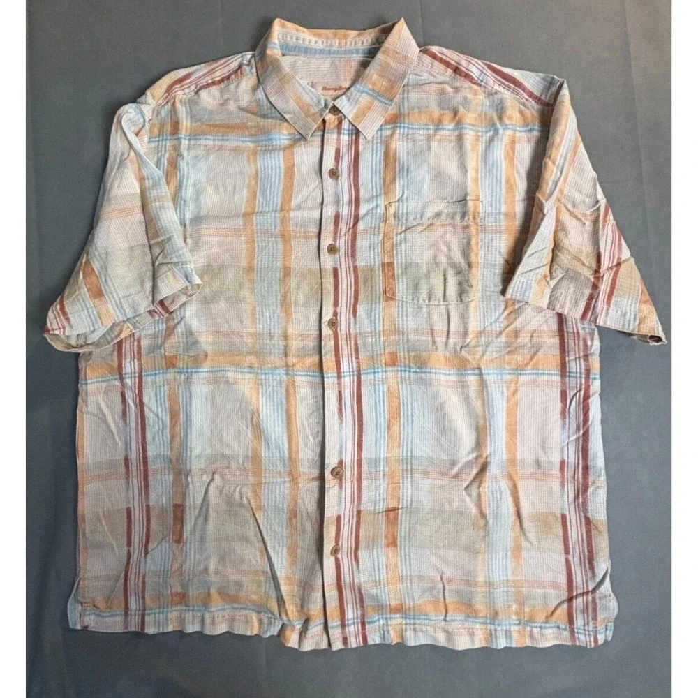 Tommy Bahama Shirts Men's Brown Plaid XLX 100% Silk Collared Short Sleeve